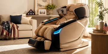 Premium Ogawa massage chair in a bright patriotic home setting for military savings and at-home recovery.