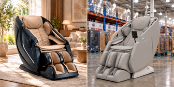 Split-screen comparison: Refresh 3D in a beautiful luxury home on the left, Osaki Pro Quest 3D in a warehouse environment on the right.