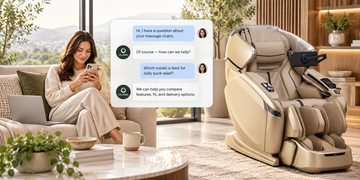 Woman researching Ogawa massage chairs from home while texting Ogawa customer support for personalized buying advice.