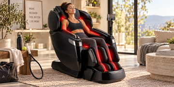 Active adult using an Ogawa massage chair with red and near-infrared light as part of a recovery routine