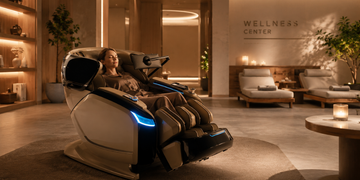 Premium massage chair in an upscale wellness center with a relaxing spa-like atmosphere.