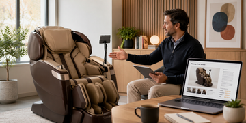 Wellness expert reviewing an Ogawa massage chair as a premium recovery and relaxation solution