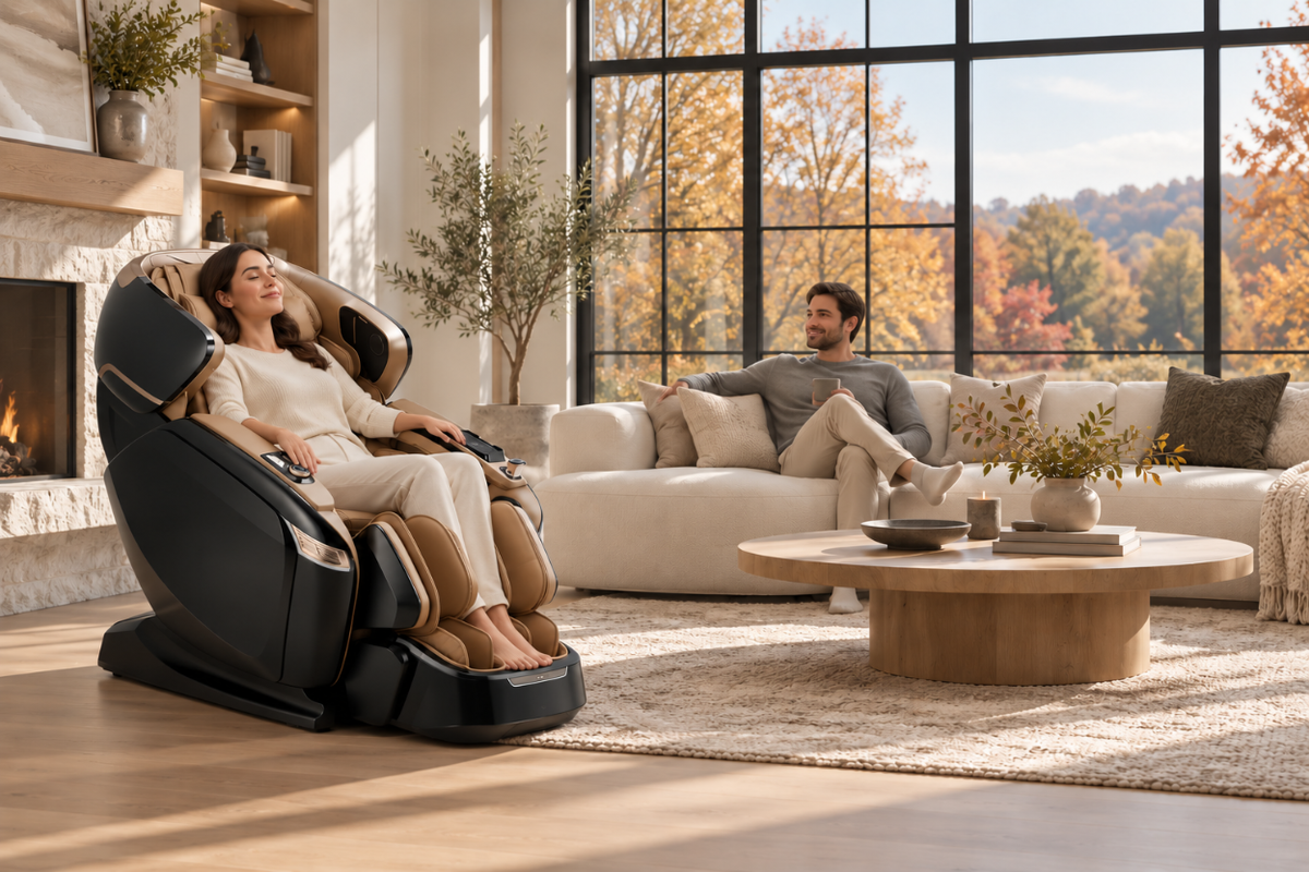 A woman relaxes in a black and beige massage chair in a modern living room, while a man sits on a cream sofa in the background near large windows with an autumn forest view.